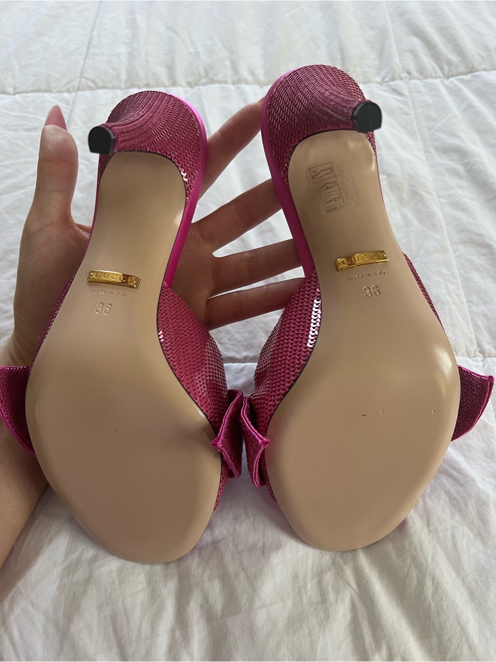 Gucci Pink Sequin Bow Mule Heels - Picture 5 of 5